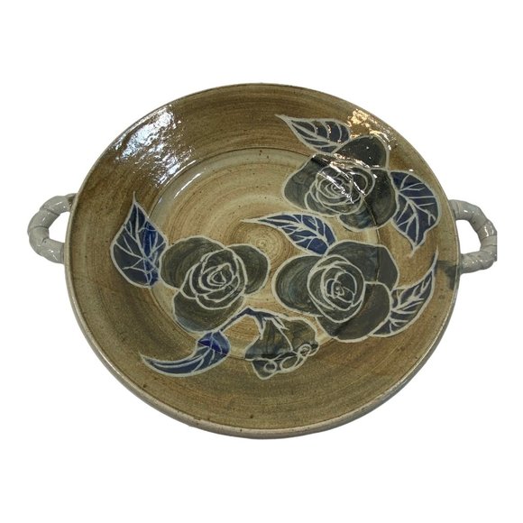 Hand Thrown Stoneware Pottery Glazed Bowl Signed by Artist Floral 11"W Handmade - Picture 13 of 13